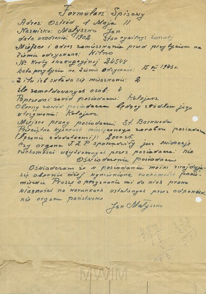 KKE 5318.jpg - Dok. Formularz spisowy rzeczy miejsca zamieszkania podpisany przez Jana Małyszko, Ostróda, 24 IX 1946 r.